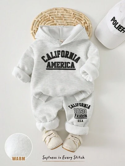 Cozy Pixies 2 件套男婴简约字母印花针织柔软连帽长袖套头衫和松紧腰慢跑裤套装