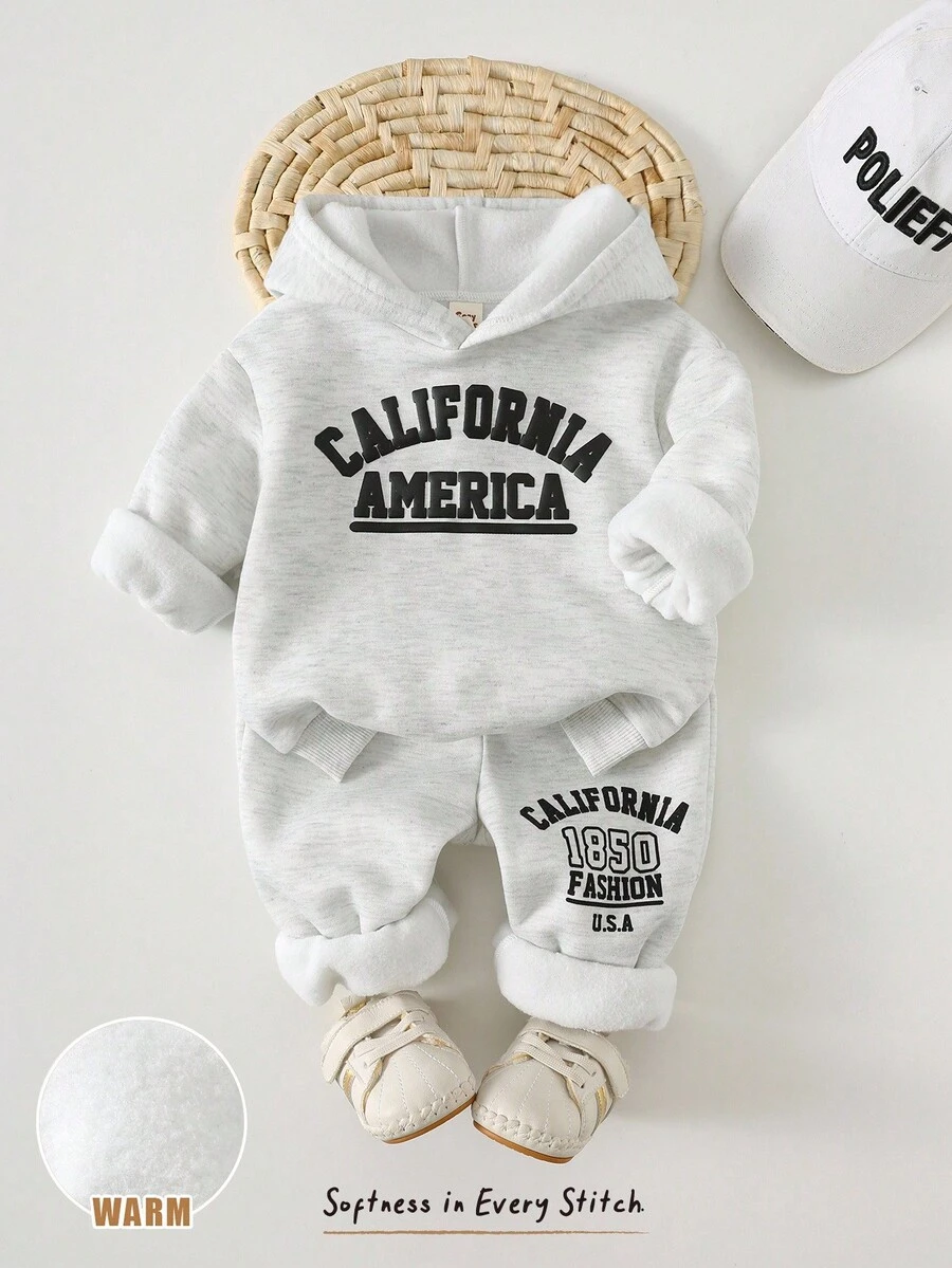 Cozy Pixies Set de 2 piezas de sudadera con capucha de manga larga y pantalón jogger de cintura elástica con estampado de letras minimalista para bebé niño