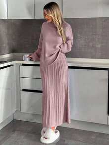 EURMUSE 女士休闲圆领落肩宽松大码舒适毛衣和超长褶皱 A 形裙 女士日常休闲针织套装 - 藕粉色 - 查看 6