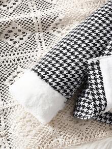 SHEIN Young Girls Cute Houndstooth Collar Fluffy Long Sleeve Jacket Paired With White Undershirt And Comfortable A-Line Skirt Outfit Fall Winter - Black - View 6