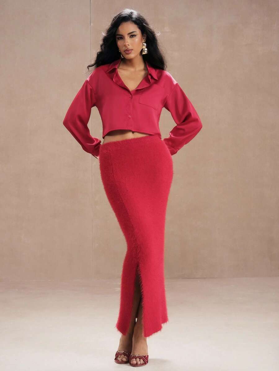 SHEIN Unity 2pcs Set: Knitted Skirt & Thick Fleece Pullover Top, Casual Autumn/Winter Outfit Red Two Pieces Set Red Two Pieces Outfit Women Women 2 Pieces Christmas Clothes Fall Outfit - Red - View 1