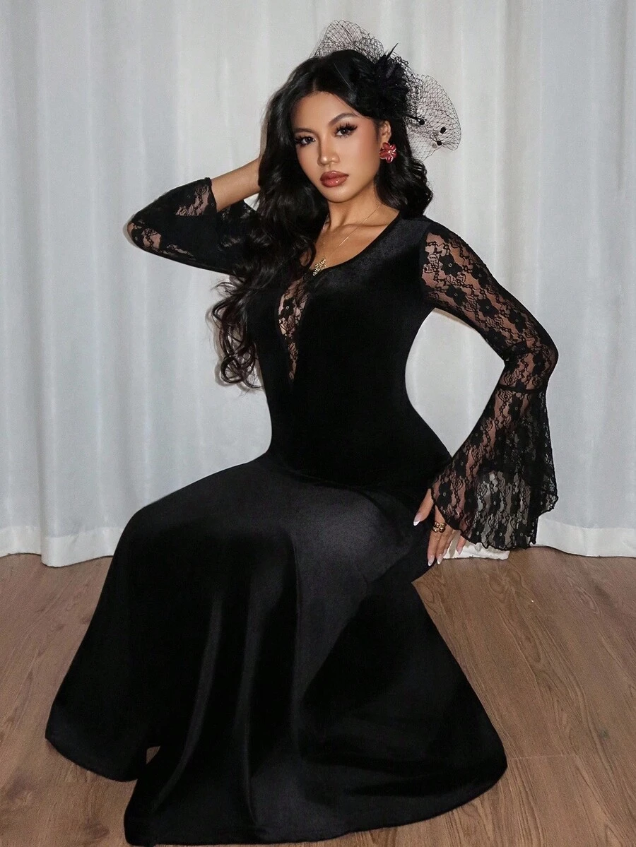 Chiquease Vestido de mujer con mangas acampanadas y parches de encaje elegante