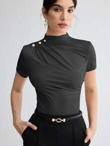 BizChic Áo thun nữ cổ bẻ kim loại thêu nút may tay thời trang thu đông 2025, thời trang hiện đại thanh lịch, trang phục công sở, phong cách cổ điển, đa năng, cơ bản, lãng mạn, thích hợp cho những dịp trang trọng, tiệc tùng, bãi biển, đám cưới, khách, chủ nhà, lễ hội nhạc đồng quê, bữa sáng, sân bay, ngày quốc khánh, năm mới, giáng sinh, halloween, lễ tạ ơn - Màu xám đen - Xem 6