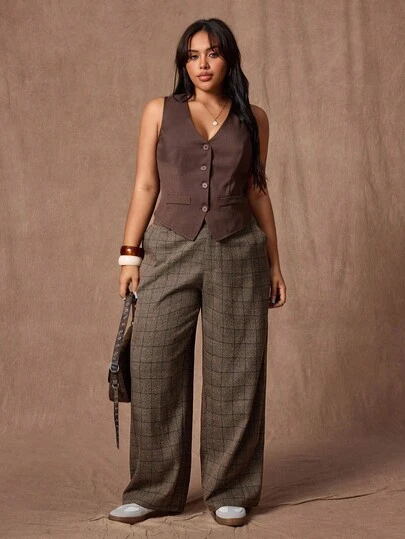 Rustia 大码女式格子优雅通勤高端百搭裤