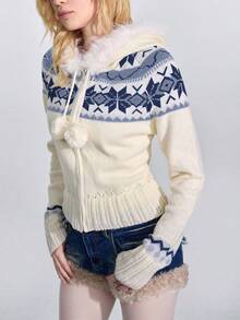 ROMWE Avant American Vintage College Style Sweet & Spicy Fuzzy Knit Atmosphere Beige Fitted Short Zip-Up Hooded Long Sleeve Cardigan Sweater For Women, Autumn/Winter