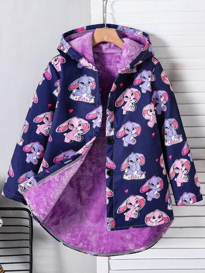 SHEIN Sparklyn Tween Girls Rabbit Print Thermal Lined Hoodie Jacket, Suitable For Daily Wear, Gatherings, Sports, Hiking