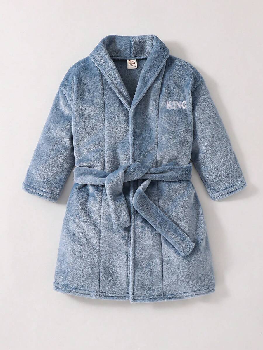 Cozy Pixies 男童保暖内衬字母印花连帽长袖束带睡袍，适合居家、浴室、海滩等场合，秋冬季 - 霧霾藍 - 查看 1