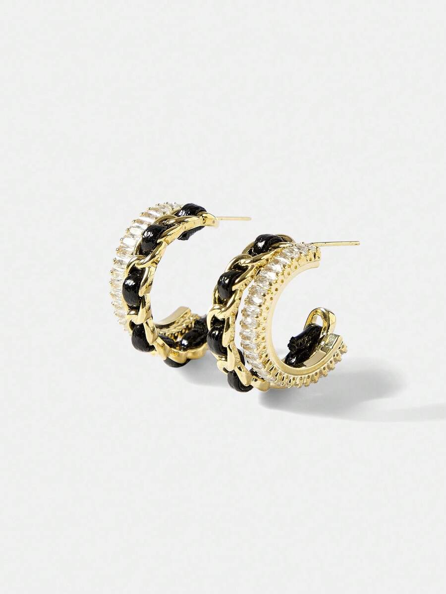 MOTF PREMIUM 2PCS BLACK DOUBLE LAYER CHAIN & ZIRCONIA STUD EARRINGS - Gold - View 2