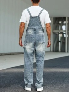 Manfinity Homme 男士休闲钩针多口袋牛仔背带裤，街头风格 - 淺色水洗藍 - 查看 2