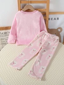 Genkimix Kids 2pcs/Set Young Girl' Pink Reversible Flannel Long Sleeve Top And Pants Pajama Set With Cartoon Bear Pattern Pajamas For Kids Plushy Teddy Bear Pajama Set Pajama Sets For Girls Bear Pajamas Cartoon Pajamas - Pink - View 2