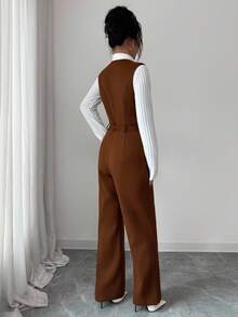 SHEIN Elenzya 女士优雅精致白色修身衬衫和棕色无袖束腰连体裤两件套，秋冬 - 卡其色 - 查看 2