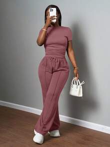 Slaydiva 2025 New Women's Casual Solid Color Round Neck Slim Short Sleeve T-Shirt And Drawstring Waist Straight Pants Two Pieces Set, Spring And Summer, Brown, Suitable For Music Festivals, Easter, St. Patrick, Daily Outings, Parties, Graduation Season, Sports And Leisure,Daily Basic , Back To School, Party