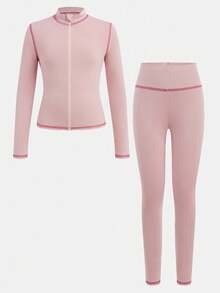 SHEIN Tween Girls Casual Colorblock Pipping Solid Pink Yoga Sports Fitted Zip-Up Stand Collar Knit Stretchy Comfortable Solid Top Long Sleeve Jacket And High Waist Leggings Set, Back To School Outfit, Casual Daily Wear, Airport Outfit, Sporty Style,  Mommy And Me Outfits Teen Girl Matching Set Teen Girl Two Piece Set - Pink - View 4