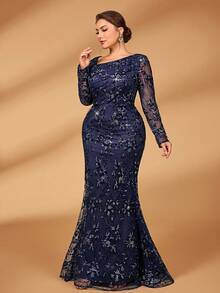 Serin Plus Size Navy Blue Winter Formal Elegant Evening Formal Wedding Guest Dress,Luxurious Asymmetrical Collar Sequin Floral Embroidered Fishtail Gown - Blue - View 7