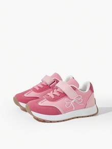 JNSQ A Pair Of Girls' Pink PU And Suede Bow, Embroidery, Lightweight Ballerina Style Shoes Kids Sneakers - Pink - View 3