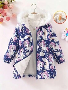 Elladie kids 年轻女孩可爱休闲连帽长袖束腰中长款独角兽和彩虹印花保暖内衬外套，秋冬 - 藏蓝色 - 查看 1