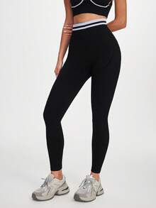 SHEIN Sports 女式无缝撞色腰带运动紧身裤 - 黑色 - 查看 3