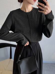 FRIFUL 女式纯色卡其色圆领长袖宽松休闲百搭T恤，秋季 - 黑色 - 查看 4