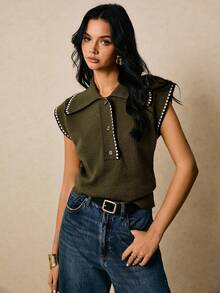 Poéselle 女式撞色边无袖前开宽松针织毛衣背心秋冬女装 - 軍綠色 - 查看 6