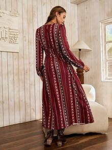 LanaWest 女士印花长款休闲连衣裙，适合初秋 - 紅木色 - 查看 2