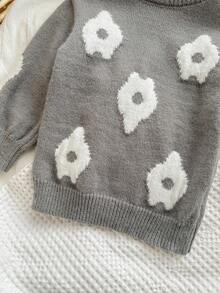 SHEIN 女婴休闲花卉图案圆领毛衣和裤子套装 - 灰色 - 查看 6
