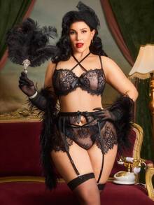 PinupPomp Bộ đồ lót ren gợi cảm cổ điển 3 món cỡ lớn (Áo ngực, đai garter, quần lót) - màu đen - Xem 4