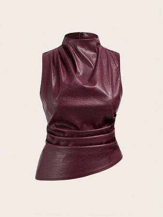 Auralis Plus-Size Women's Casual Tops, Burgundy PU Tops, Elegant Women's Tops, Autumn Women's Clothing, Autumn Women's Wear Wine Red Top Dark Red Top Red Leather Top Leather Top Women