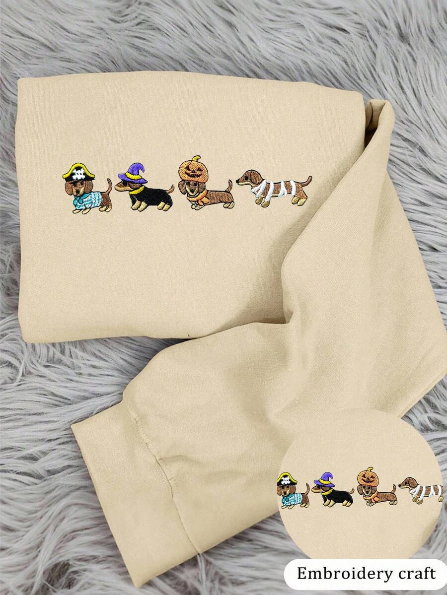 INAWLY Áo nỉ dài tay thêu hình chó Dachshund thường ngày dành cho nữ - Màu be - Xem 1