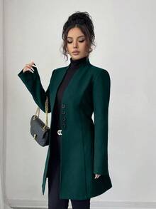 SHEIN Tall 女士休闲立领修身夹克 - 墨綠色 - 查看 5