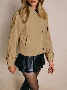 Poéselle Women's Casual Commuter Solid Color Trench Coat, Autumn - Khaki - View 5