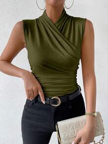 SHEIN Áo ba lỗ cổ bẻ màu trơn đơn giản cho nữ, mùa hè - xanh quân đội - Xem 3