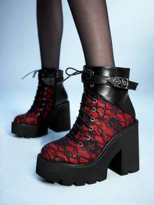 Sugerpunk 休闲复古红色蕾丝粗跟靴女式性感黑色刺绣高台哥特朋克厚底踝靴 - 紅色 - 查看 2