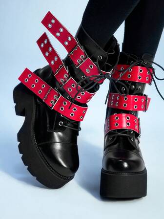 Grunge Punk Damen Punk Stil Plateau Knöchelstiefel mit dickem Absatz, Gothic Metall Rot Schnallen Dekor Keilabsatz Stiefel, bequem für Nachtclub Partys