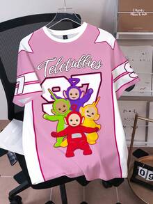 Teletubbies X SHEIN Men's Casual Fashionable Street Sporty Cute Cartoon & Numeric Star Print Short Sleeve T-Shirt, Summer