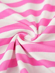 DORA | SHEIN Young Girl Cartoon Monkey, Flower, Striped Pattern Round Neck Long Sleeve Knit Pink & White T-Shirt - Multicolor - View 6