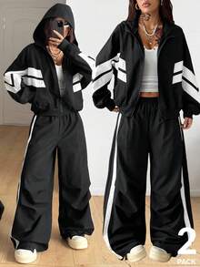 Coolane 女士秋冬街头服饰外出休闲基本款褶皱纹理拼色黑白外套和直筒裤套装