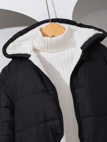 Mirajuku 1pc Boys' Thick Padded Hooded Long Padded Coat, Warm For Snowy Weather, Autumn/Winter Fall - Black - View 6