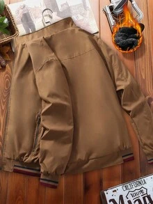 Manfinity Homme Veste zippée à doublure thermique de couleur unie pour hommes, manches longues, chaude pour l'automne/l'hiver, veste décontractée marron - Kaki - Voir 2