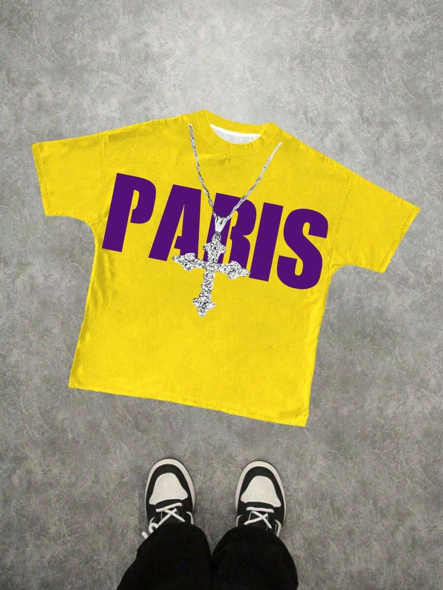 Camiseta de manga corta con cuello redondo con estampado gráfico de texto clásico de París, estilo minimalista casual para niño preadolescente, adecuada para verano, otoño/invierno