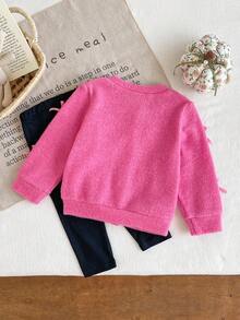 SHEIN Baby Mädchen Säugling Kleinkind Neugeborene 0-3 Jahre Mode Herbst/Winter Gestrickte flauschige gerippte Schleife Strickjacke + Leggings Hose 2-teiliges Outfit Set