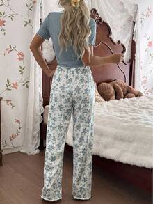 CottageSlumber 2 件女士针织蕾丝花边圆领开衫 T 恤和印花裤睡衣套装花卉睡衣套装蓝色睡衣套装女士两件套睡衣套装浅蓝色睡衣套装女士睡衣套装 - 藍色 - 查看 3