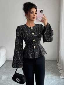 Elenzga Women's Round Neck Cinched Waist Ruffle Hem Shiny Silver Lightweight Jacket