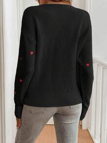 EMERY ROSE Heart Pattern Dropped Shoulder Sweater, Casual For Autumn/Winter - Black - View 2