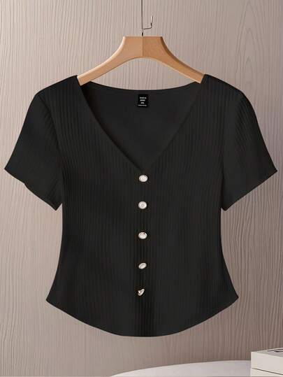 SHEIN Clasi 大码罗纹针织优雅知性休闲柔软修身短款V领T恤