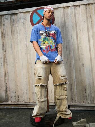 TEENAGE MUTANT NINJA TURTLES X ROMWE T-shirt décontracté d'été pour hommes avec imprimé de tortue, pizza et lettres, épaules tombantes, déchiré avec franges, style décontracté et