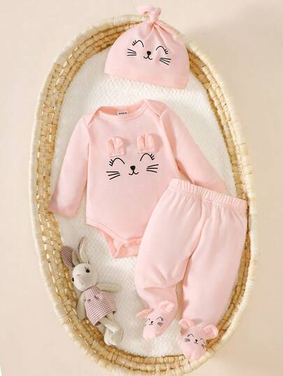 SHEIN Set de 3 piezas: Pelele de manga larga con estampado de cara de gato lindo para bebé recién nacido, pantalones + gorro, adecuado para cualquier ocasión, primavera/otoño