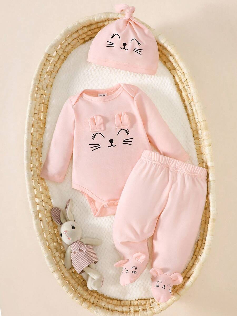 SHEIN 3件套新生儿可爱猫脸印花长袖连体衣、裤子+帽子套装，适合各种场合，春秋冬季皆可穿着