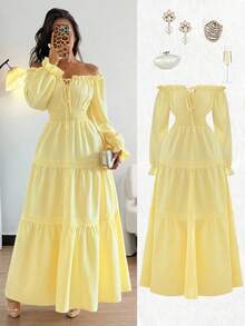 Elenzga 新款女式露肩泡泡袖前系带蝴蝶结腰部喇叭褶边拼接春秋度假休闲时尚年轻日常百搭优雅长裙 - 黃色 - 查看 3