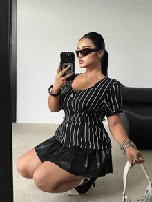 SHEIN POPSWAY Plus Size Women Sweetheart Collar Short Sleeve Single-Breasted Casual Striped Shirt - Multicolor - View 6