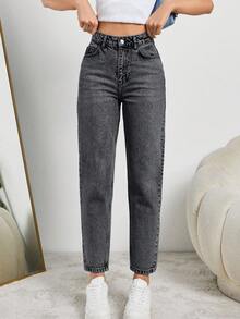 SHEIN Tall HIGH RISE MOM FIT LIGHT BLUE JEAN TALL - Light Grey - View 6